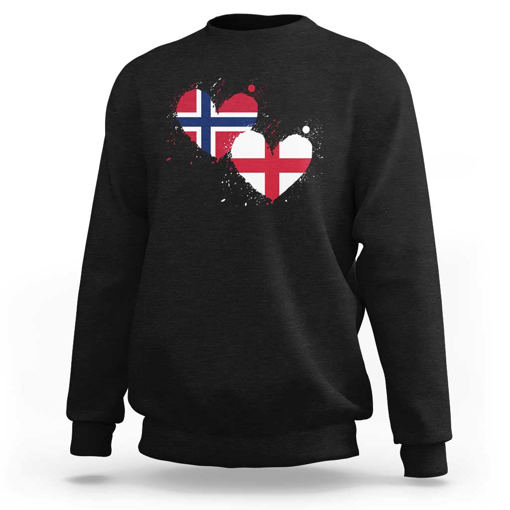 Distressed Norway and England Crossed Flags Dual Heart Graphic Sweatshirt Love Half Norwegian Half English Pride