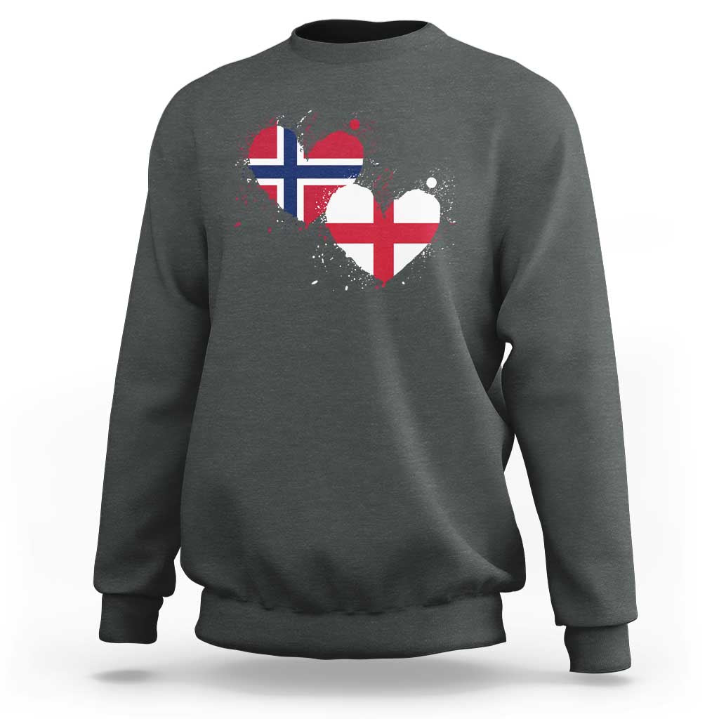 Distressed Norway and England Crossed Flags Dual Heart Graphic Sweatshirt Love Half Norwegian Half English Pride