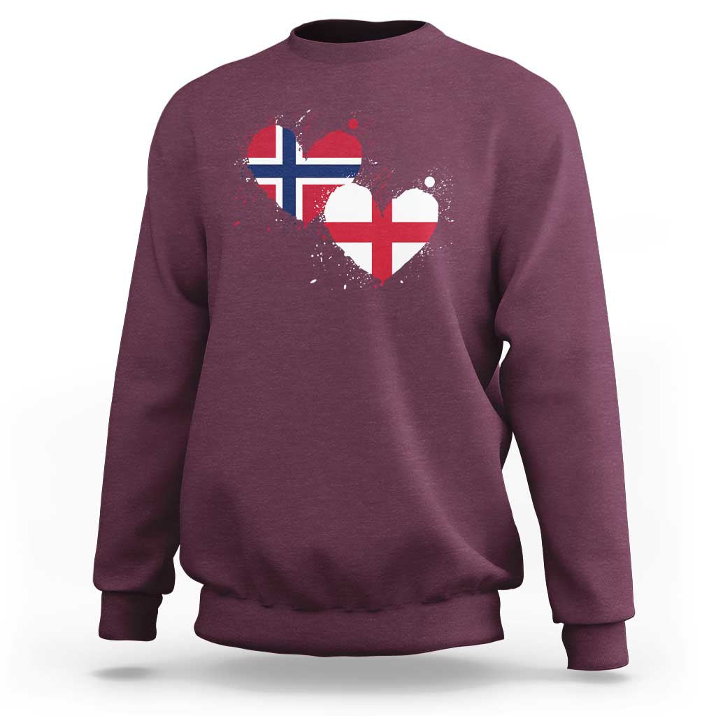 Distressed Norway and England Crossed Flags Dual Heart Graphic Sweatshirt Love Half Norwegian Half English Pride