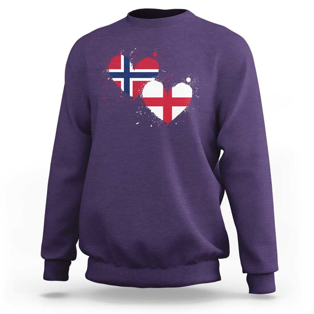 Distressed Norway and England Crossed Flags Dual Heart Graphic Sweatshirt Love Half Norwegian Half English Pride