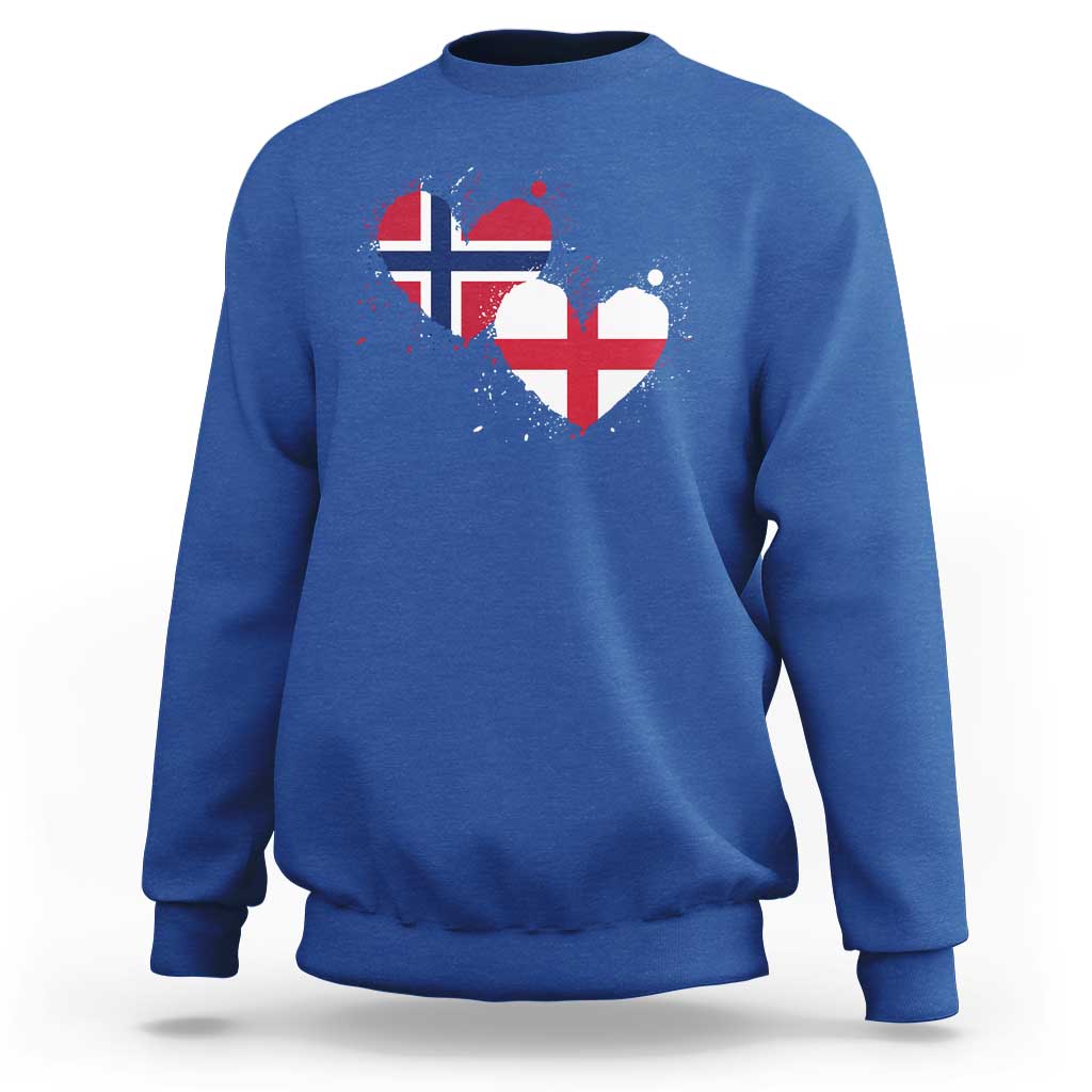 Distressed Norway and England Crossed Flags Dual Heart Graphic Sweatshirt Love Half Norwegian Half English Pride