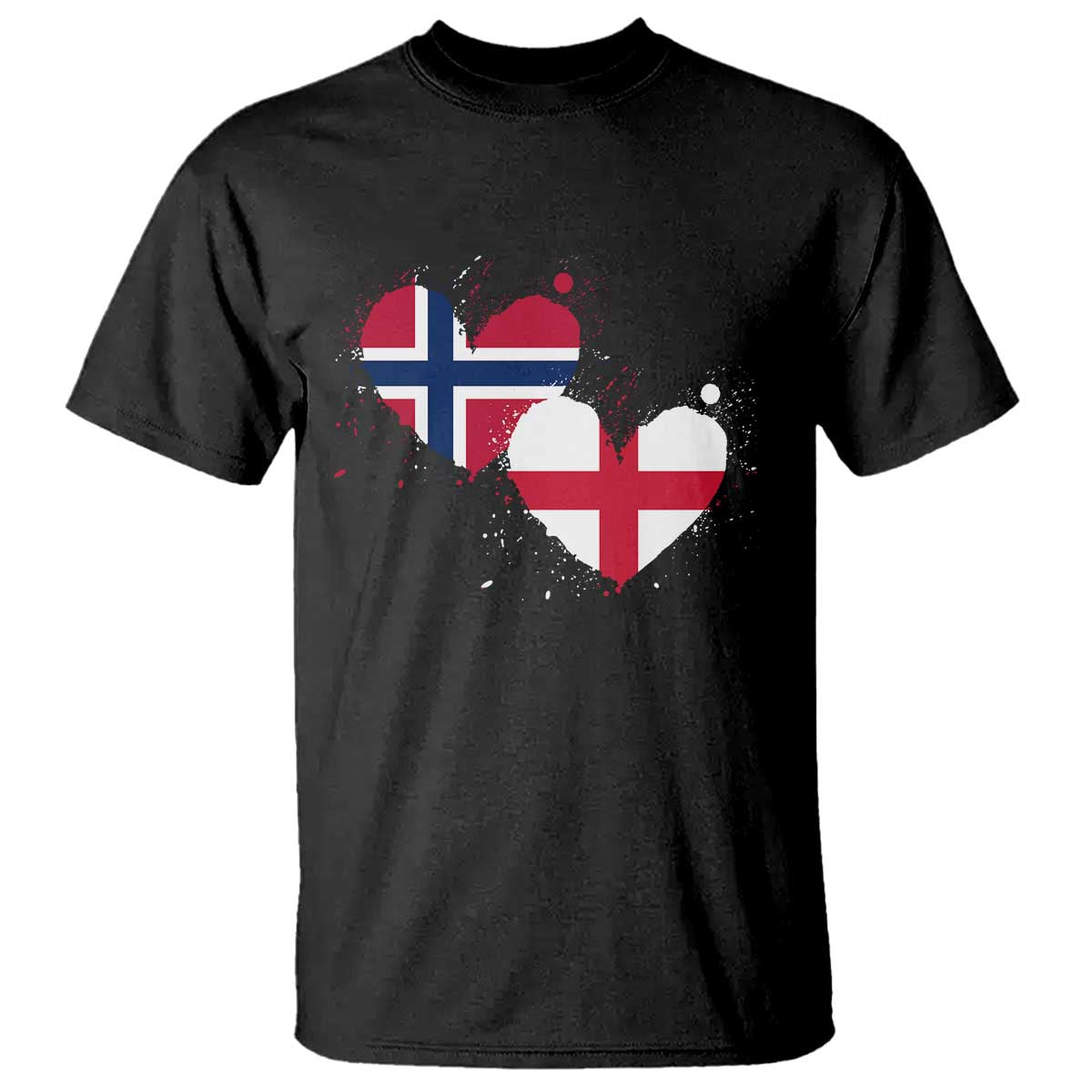 Distressed Norway and England Crossed Flags Dual Heart Graphic T Shirt Love Half Norwegian Half English Pride