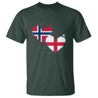 Distressed Norway and England Crossed Flags Dual Heart Graphic T Shirt Love Half Norwegian Half English Pride