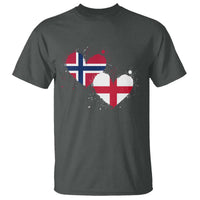 Distressed Norway and England Crossed Flags Dual Heart Graphic T Shirt Love Half Norwegian Half English Pride
