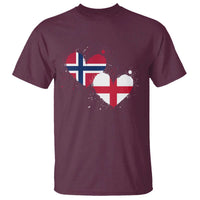 Distressed Norway and England Crossed Flags Dual Heart Graphic T Shirt Love Half Norwegian Half English Pride
