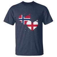 Distressed Norway and England Crossed Flags Dual Heart Graphic T Shirt Love Half Norwegian Half English Pride