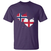 Distressed Norway and England Crossed Flags Dual Heart Graphic T Shirt Love Half Norwegian Half English Pride