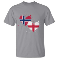 Distressed Norway and England Crossed Flags Dual Heart Graphic T Shirt Love Half Norwegian Half English Pride