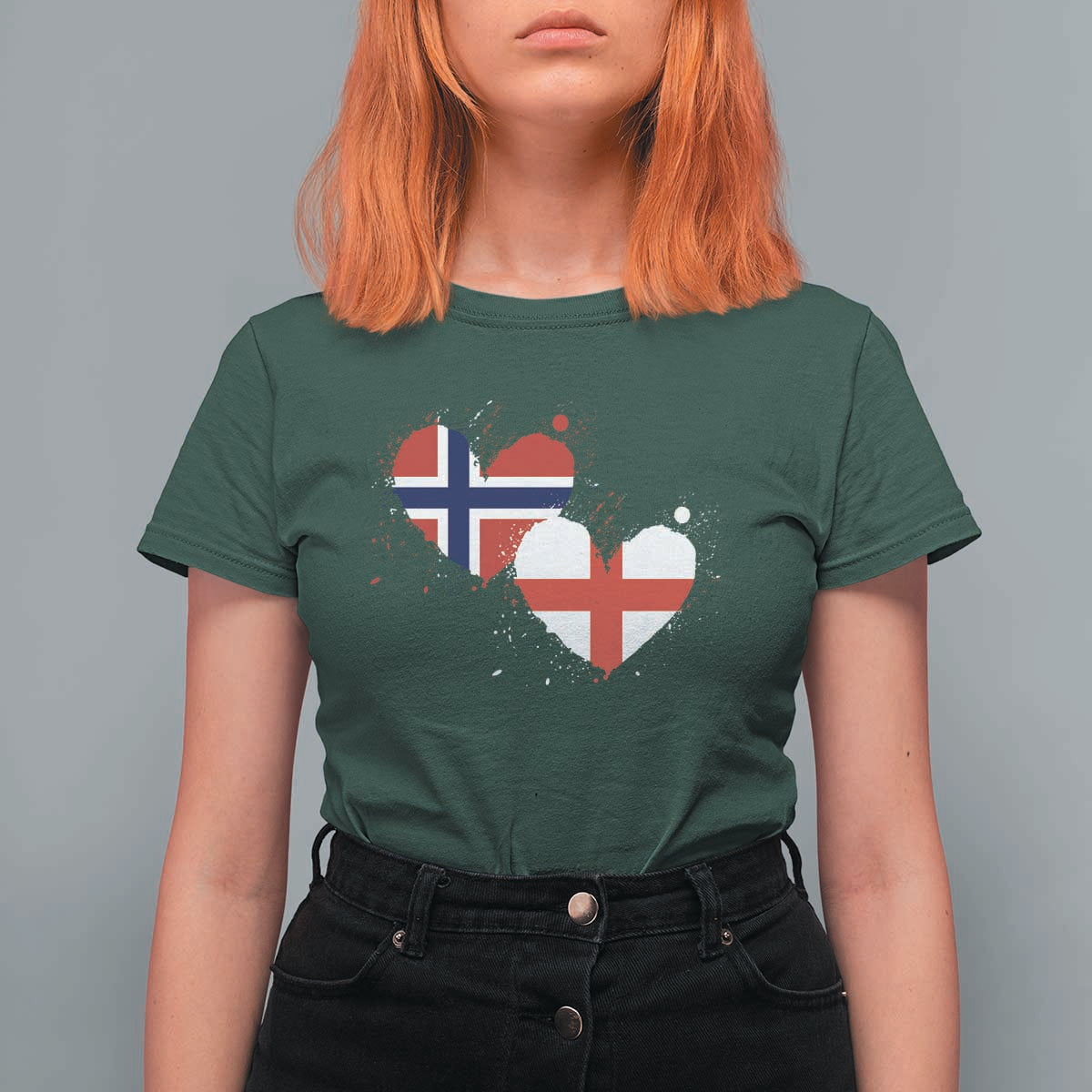 Distressed Norway and England Crossed Flags Dual Heart Graphic T Shirt For Women Love Half Norwegian Half English Pride