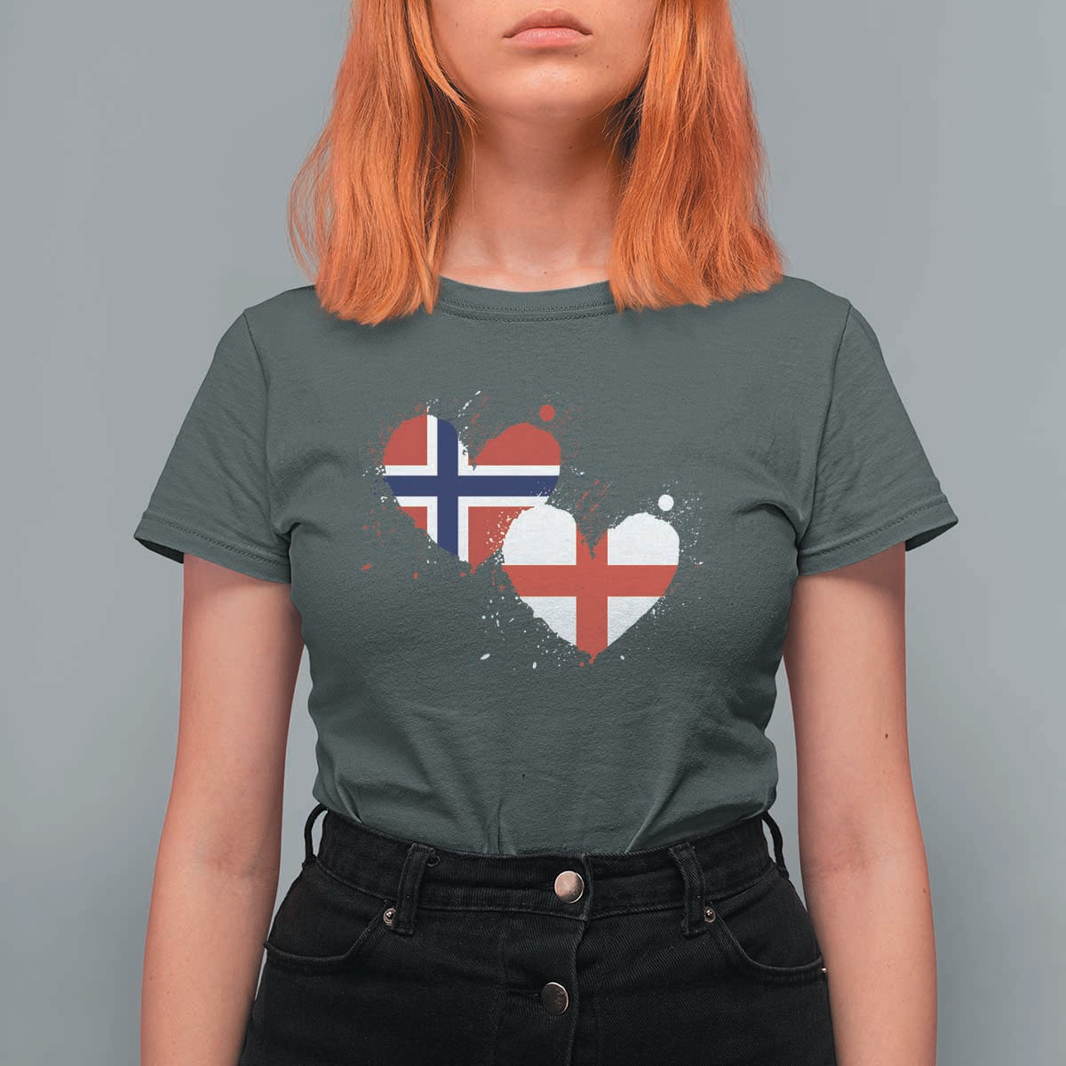 Distressed Norway and England Crossed Flags Dual Heart Graphic T Shirt For Women Love Half Norwegian Half English Pride