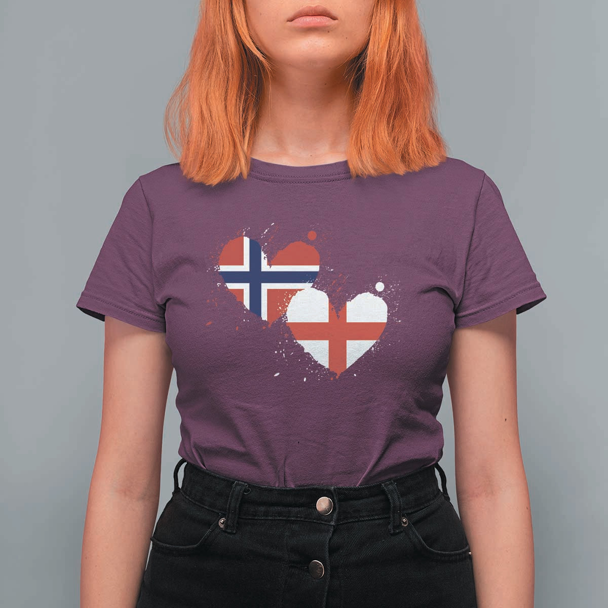 Distressed Norway and England Crossed Flags Dual Heart Graphic T Shirt For Women Love Half Norwegian Half English Pride