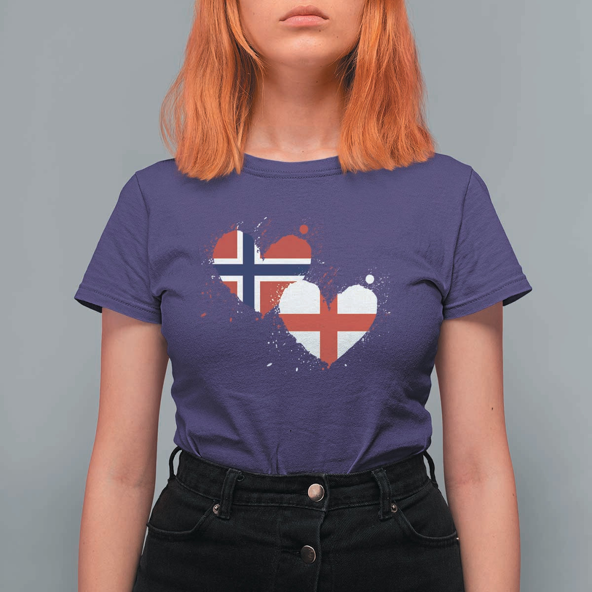 Distressed Norway and England Crossed Flags Dual Heart Graphic T Shirt For Women Love Half Norwegian Half English Pride