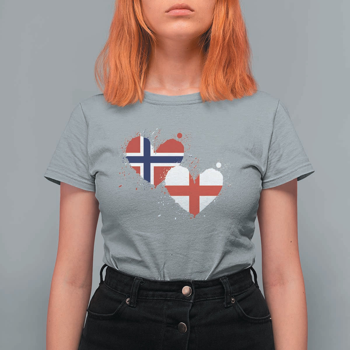 Distressed Norway and England Crossed Flags Dual Heart Graphic T Shirt For Women Love Half Norwegian Half English Pride