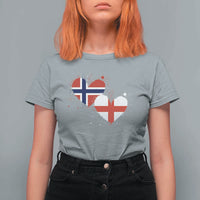 Distressed Norway and England Crossed Flags Dual Heart Graphic T Shirt For Women Love Half Norwegian Half English Pride