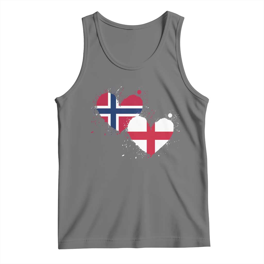 Distressed Norway and England Crossed Flags Dual Heart Graphic Tank Top Love Half Norwegian Half English Pride