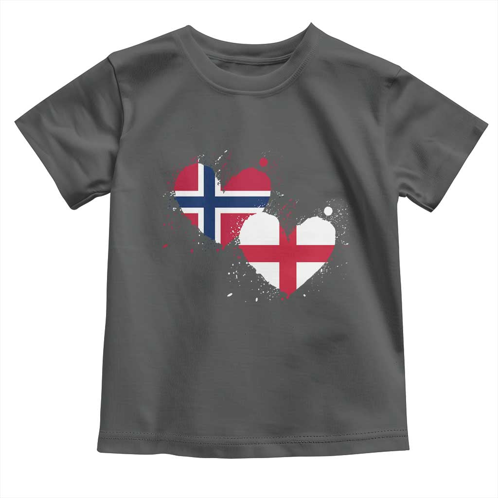 Distressed Norway and England Crossed Flags Dual Heart Graphic Toddler T Shirt Love Half Norwegian Half English Pride