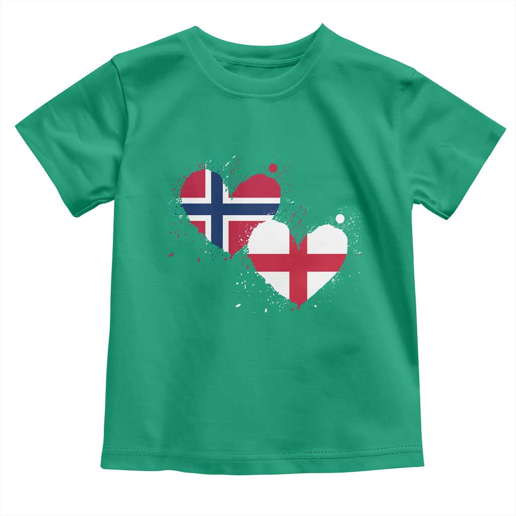 Distressed Norway and England Crossed Flags Dual Heart Graphic Toddler T Shirt Love Half Norwegian Half English Pride