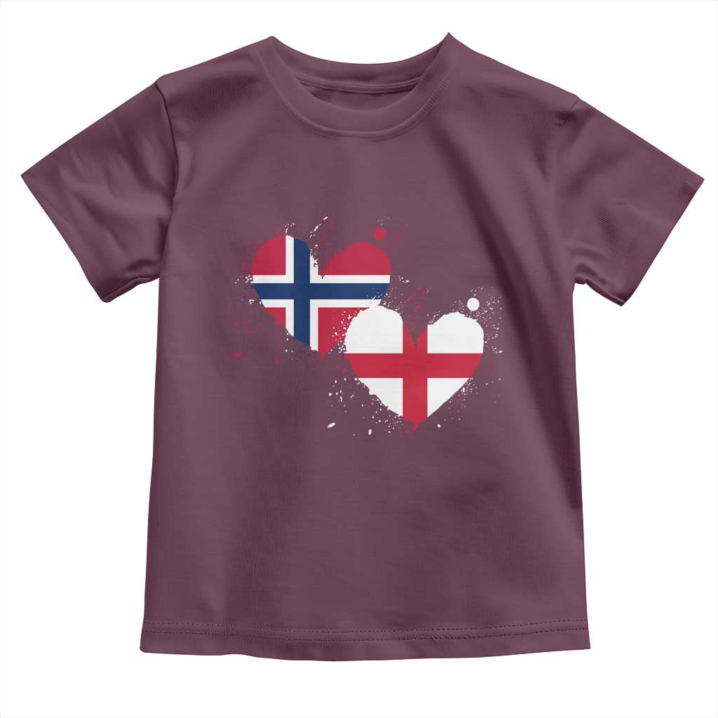Distressed Norway and England Crossed Flags Dual Heart Graphic Toddler T Shirt Love Half Norwegian Half English Pride