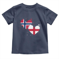 Distressed Norway and England Crossed Flags Dual Heart Graphic Toddler T Shirt Love Half Norwegian Half English Pride