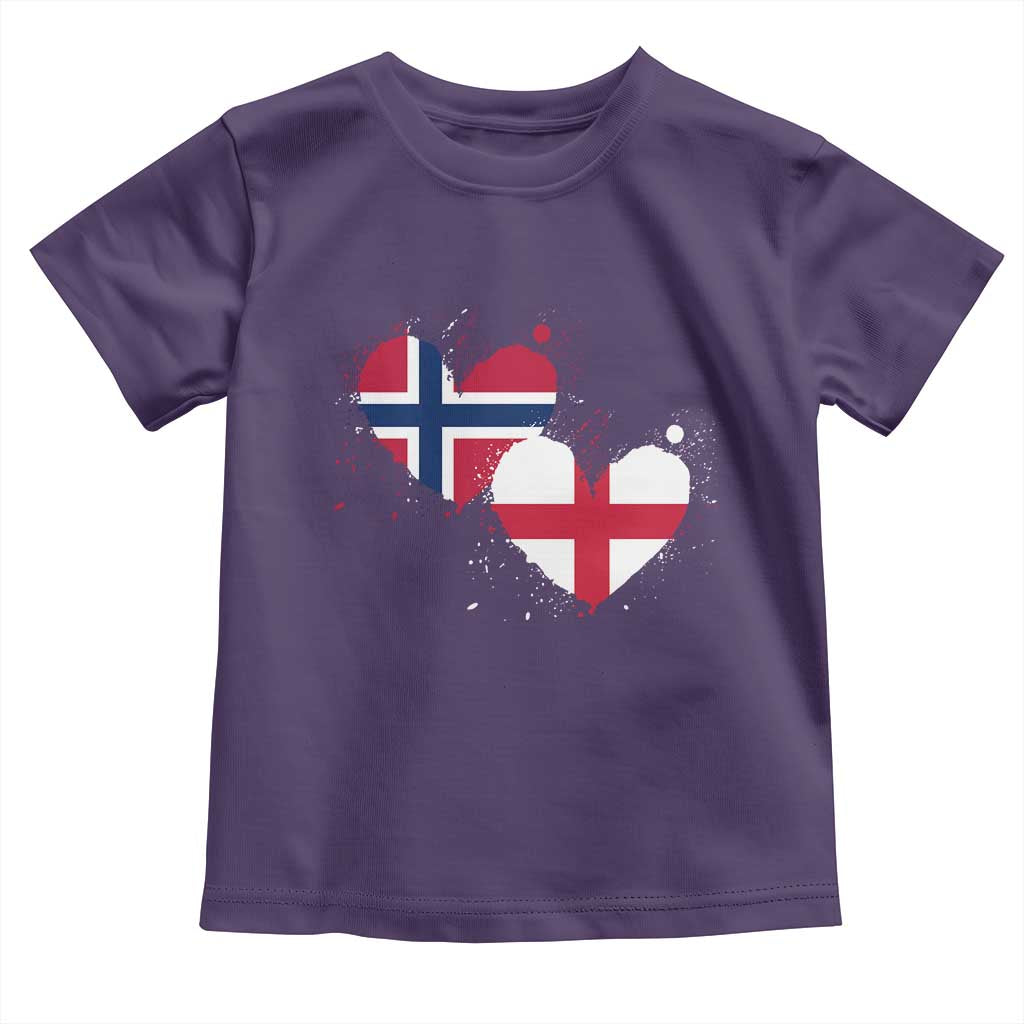 Distressed Norway and England Crossed Flags Dual Heart Graphic Toddler T Shirt Love Half Norwegian Half English Pride