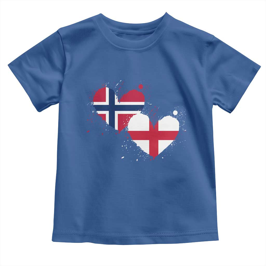 Distressed Norway and England Crossed Flags Dual Heart Graphic Toddler T Shirt Love Half Norwegian Half English Pride