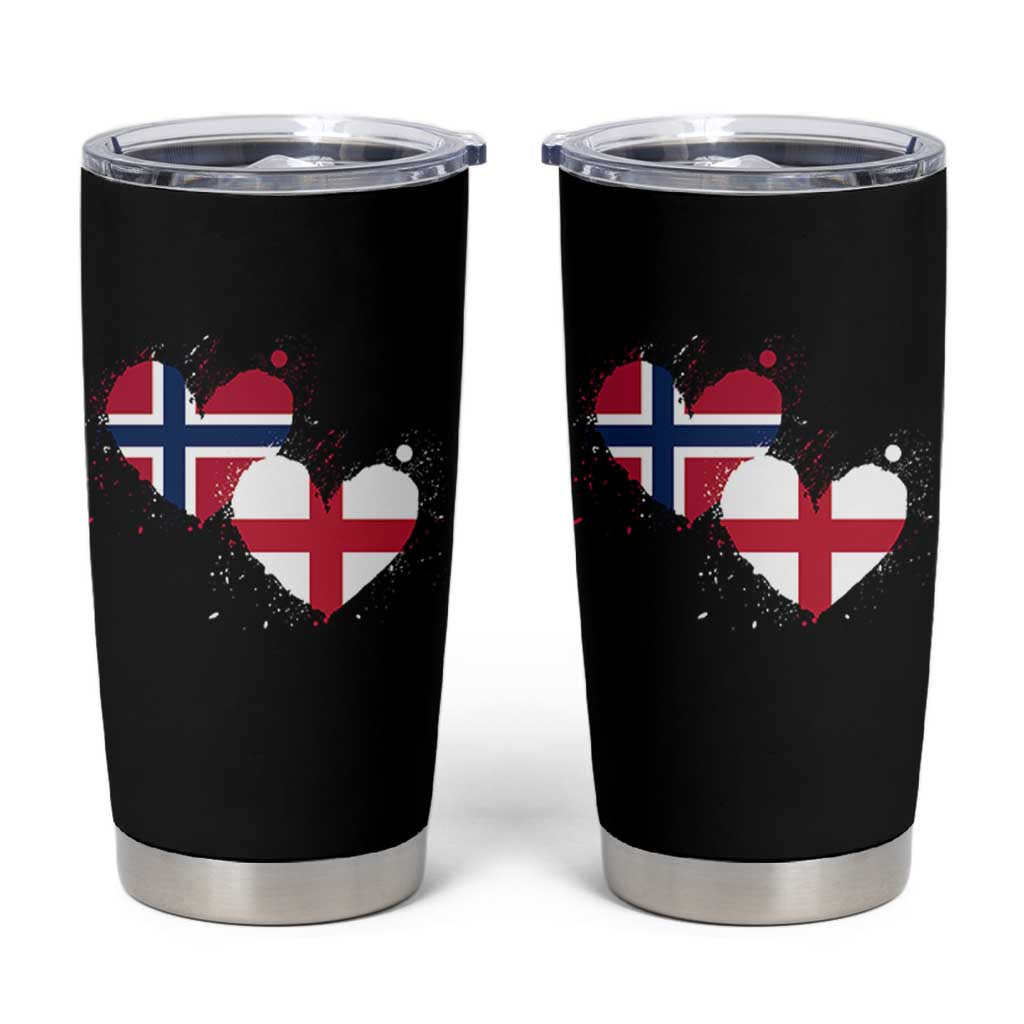 Distressed Norway and England Crossed Flags Dual Heart Graphic Tumbler Cup Love Half Norwegian Half English Pride
