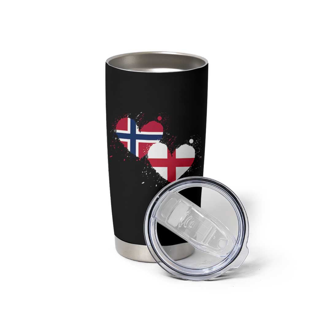 Distressed Norway and England Crossed Flags Dual Heart Graphic Tumbler Cup Love Half Norwegian Half English Pride