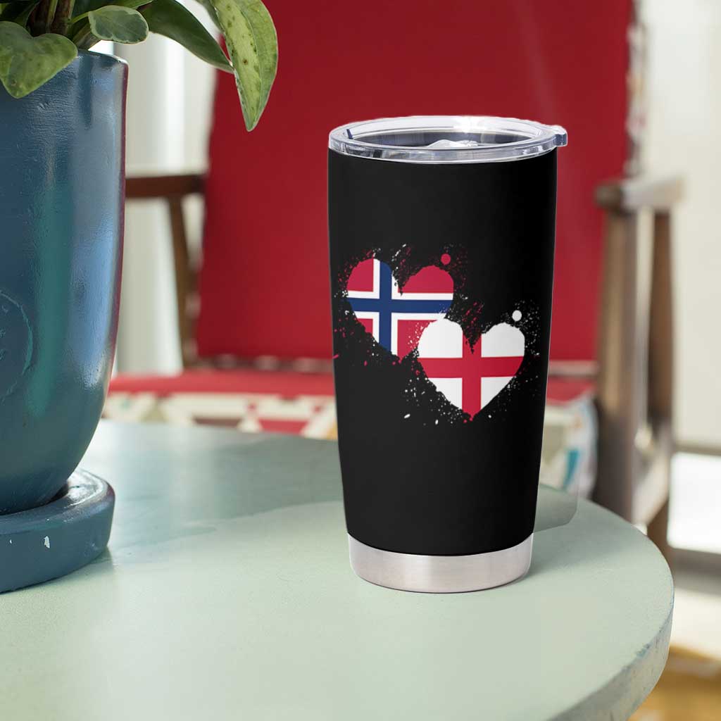 Distressed Norway and England Crossed Flags Dual Heart Graphic Tumbler Cup Love Half Norwegian Half English Pride