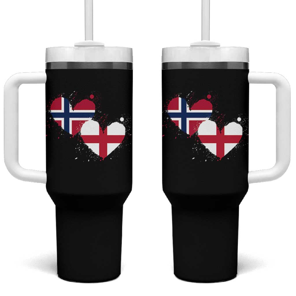 Distressed Norway and England Crossed Flags Dual Heart Graphic Tumbler With Handle Love Half Norwegian Half English Pride