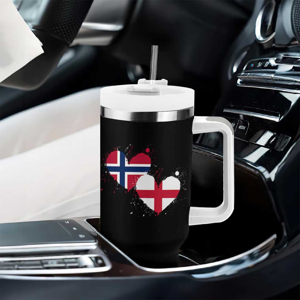 Distressed Norway and England Crossed Flags Dual Heart Graphic Tumbler With Handle Love Half Norwegian Half English Pride