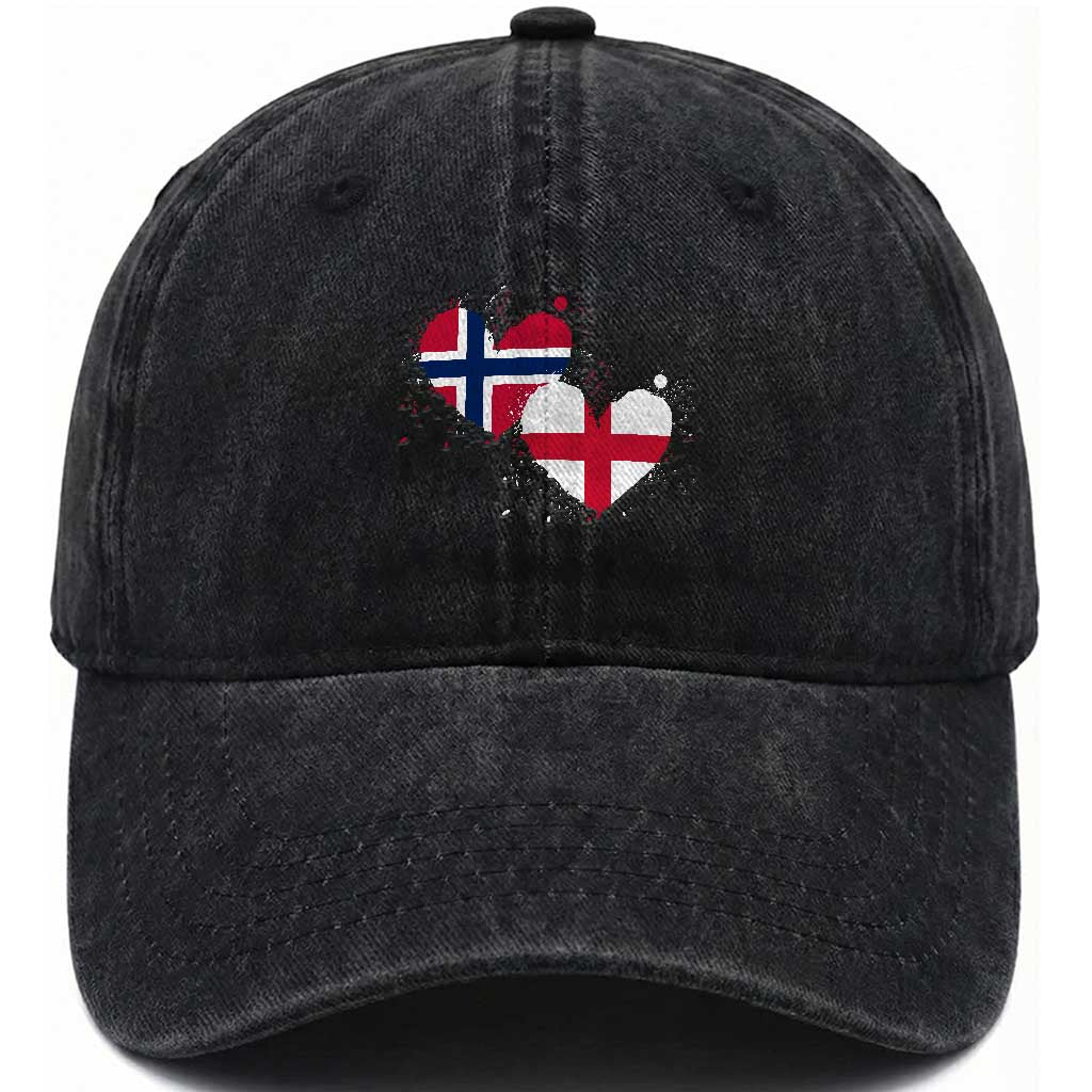 Distressed Norway and England Crossed Flags Dual Heart Graphic Washed Cotton Baseball Cap Love Half Norwegian Half English Pride