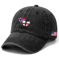 Distressed Norway and England Crossed Flags Dual Heart Graphic Washed Cotton Baseball Cap Love Half Norwegian Half English Pride