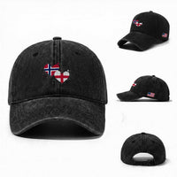 Distressed Norway and England Crossed Flags Dual Heart Graphic Washed Cotton Baseball Cap Love Half Norwegian Half English Pride