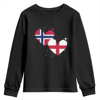 Distressed Norway and England Crossed Flags Dual Heart Graphic Youth Sweatshirt Love Half Norwegian Half English Pride