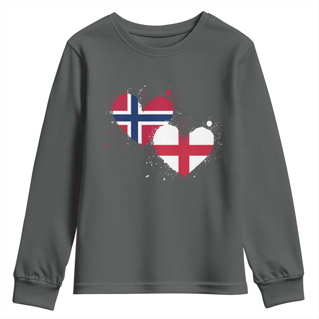Distressed Norway and England Crossed Flags Dual Heart Graphic Youth Sweatshirt Love Half Norwegian Half English Pride