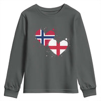 Distressed Norway and England Crossed Flags Dual Heart Graphic Youth Sweatshirt Love Half Norwegian Half English Pride