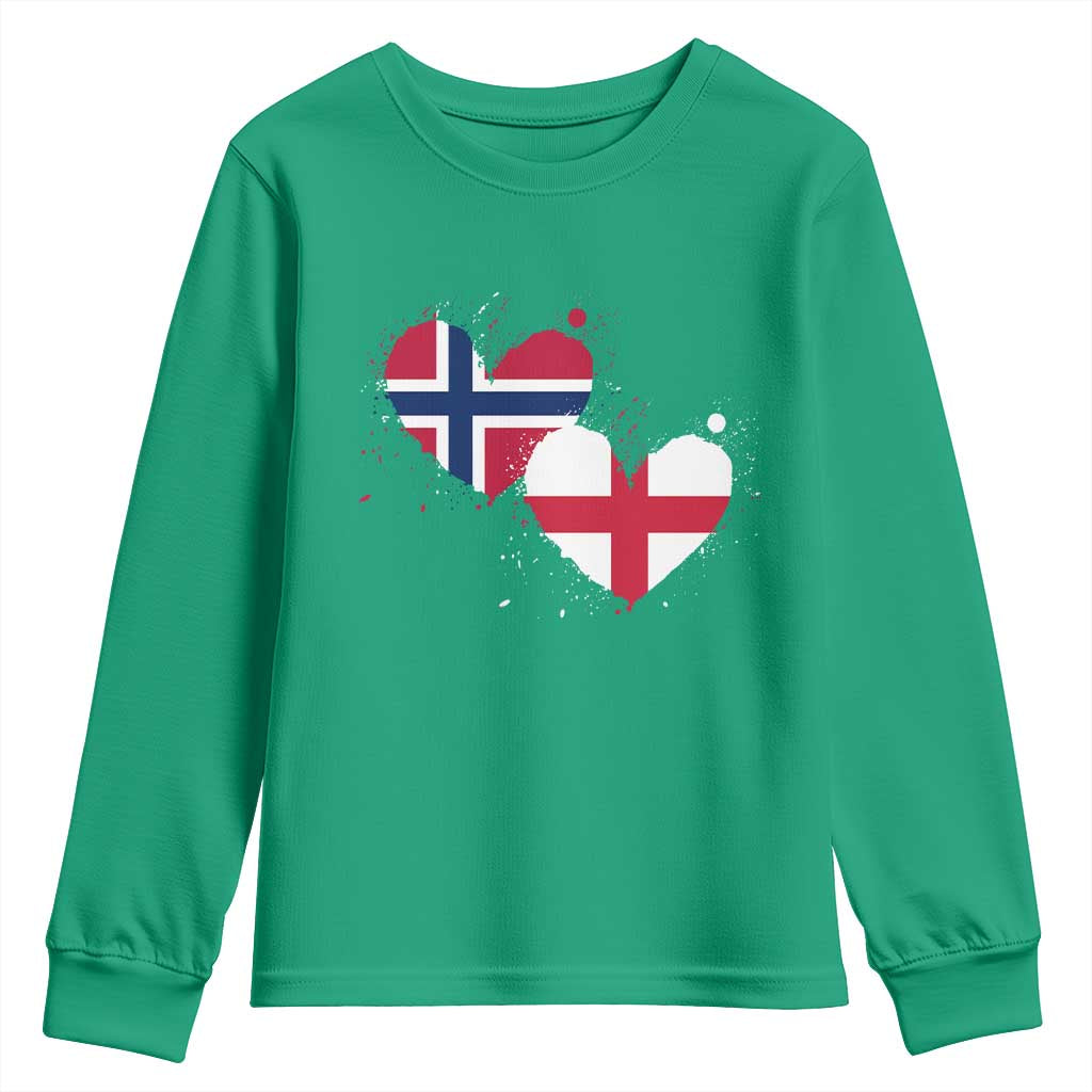 Distressed Norway and England Crossed Flags Dual Heart Graphic Youth Sweatshirt Love Half Norwegian Half English Pride