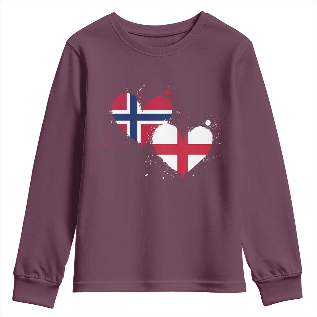 Distressed Norway and England Crossed Flags Dual Heart Graphic Youth Sweatshirt Love Half Norwegian Half English Pride