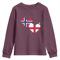 Distressed Norway and England Crossed Flags Dual Heart Graphic Youth Sweatshirt Love Half Norwegian Half English Pride