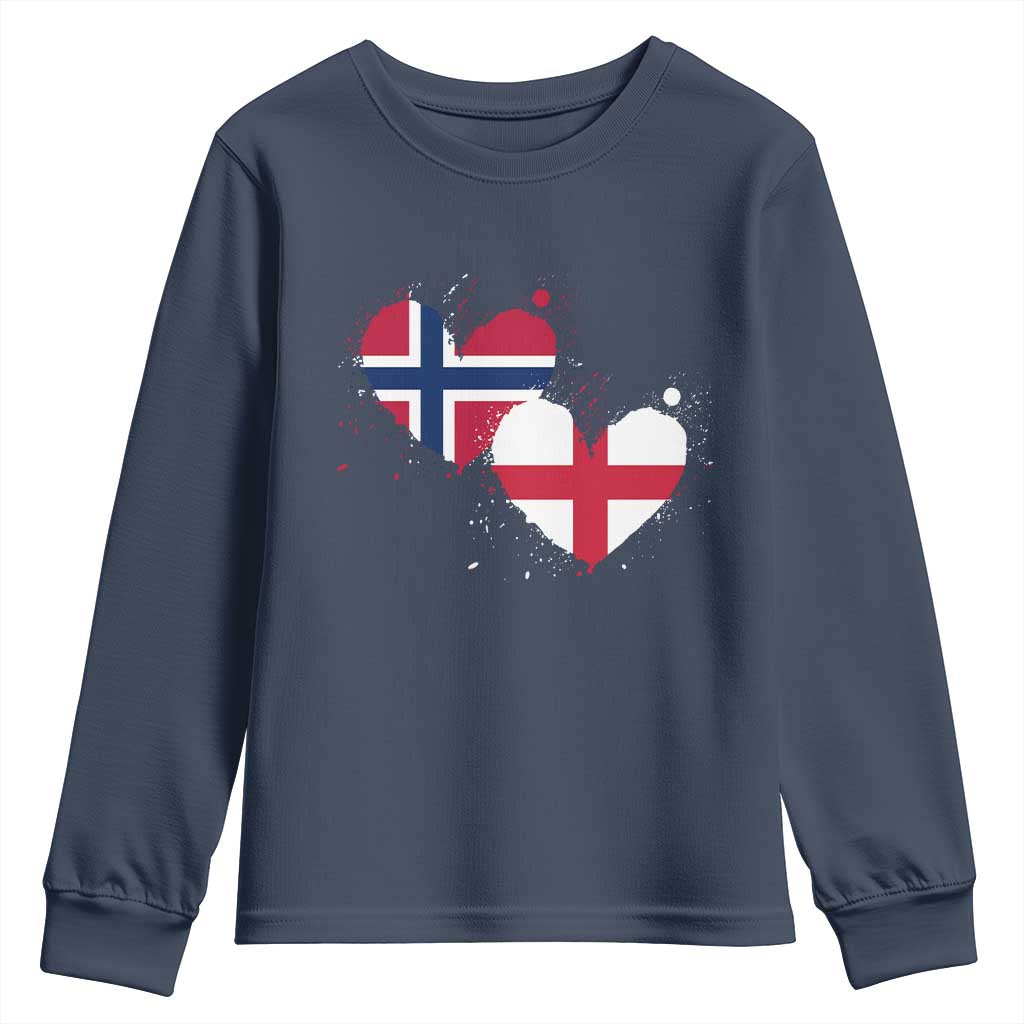 Distressed Norway and England Crossed Flags Dual Heart Graphic Youth Sweatshirt Love Half Norwegian Half English Pride