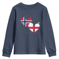 Distressed Norway and England Crossed Flags Dual Heart Graphic Youth Sweatshirt Love Half Norwegian Half English Pride