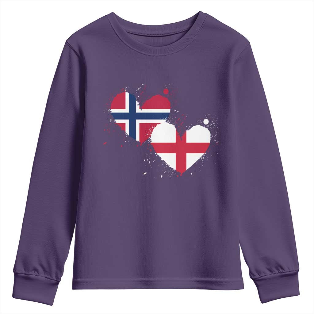 Distressed Norway and England Crossed Flags Dual Heart Graphic Youth Sweatshirt Love Half Norwegian Half English Pride