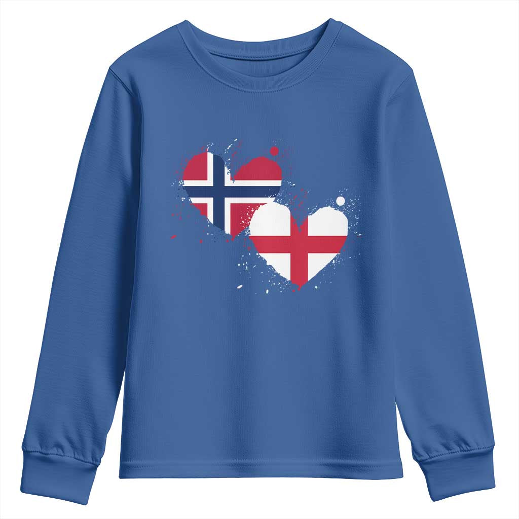 Distressed Norway and England Crossed Flags Dual Heart Graphic Youth Sweatshirt Love Half Norwegian Half English Pride