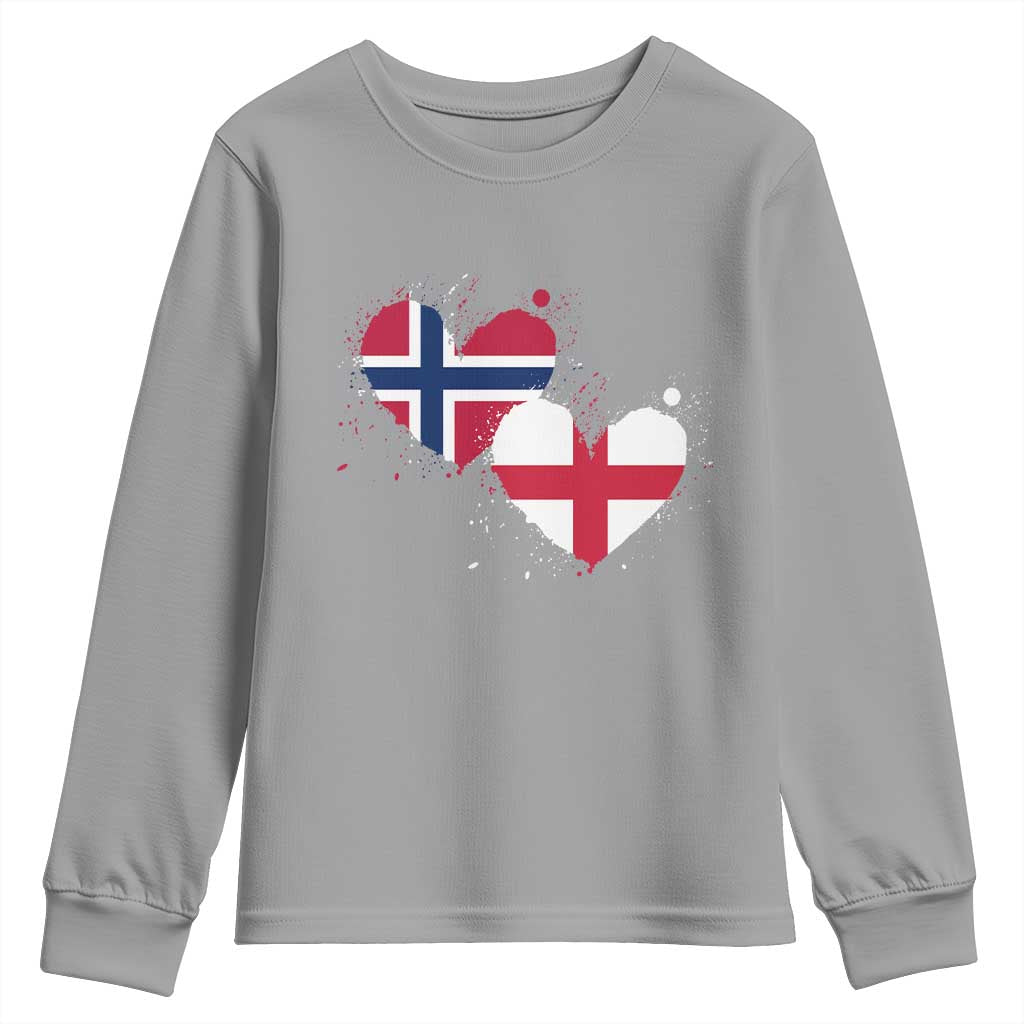 Distressed Norway and England Crossed Flags Dual Heart Graphic Youth Sweatshirt Love Half Norwegian Half English Pride
