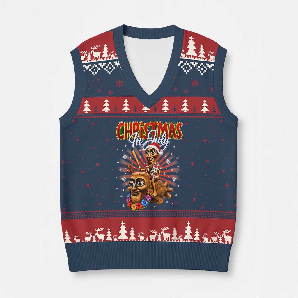 Christmas In July Tung Tung Tung TTT Sahur Cursed Meme V-Neck Knit Sweater Vest Funny Ironic Tropical Summer Hawaiian Holiday Surreal