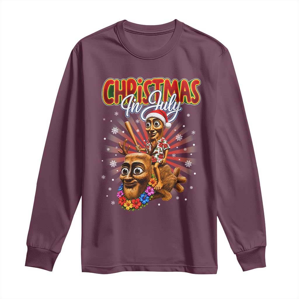 Christmas In July Tung Tung Tung TTT Sahur Cursed Meme Long Sleeve Shirt Funny Ironic Tropical Summer Hawaiian Holiday Surreal