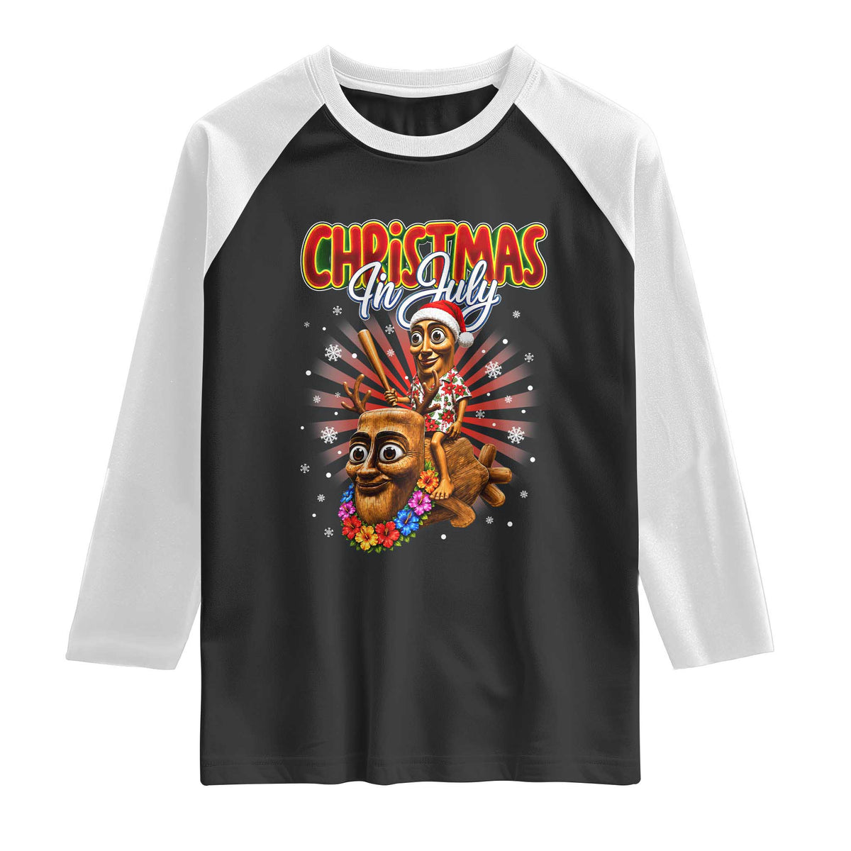 Christmas In July Tung Tung Tung TTT Sahur Cursed Meme Raglan Shirt Funny Ironic Tropical Summer Hawaiian Holiday Surreal