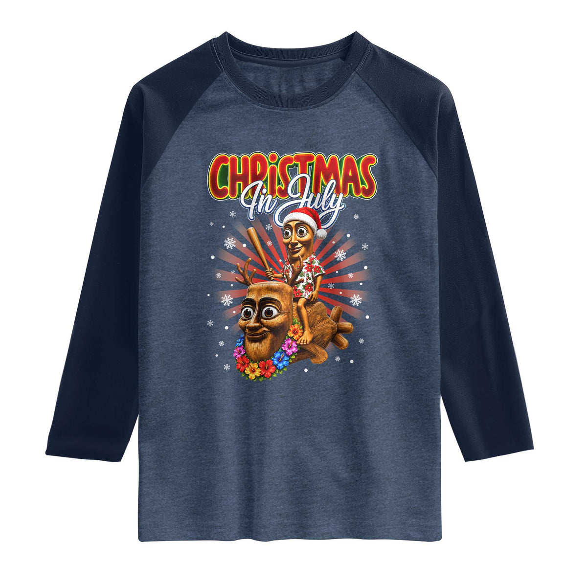 Christmas In July Tung Tung Tung TTT Sahur Cursed Meme Raglan Shirt Funny Ironic Tropical Summer Hawaiian Holiday Surreal