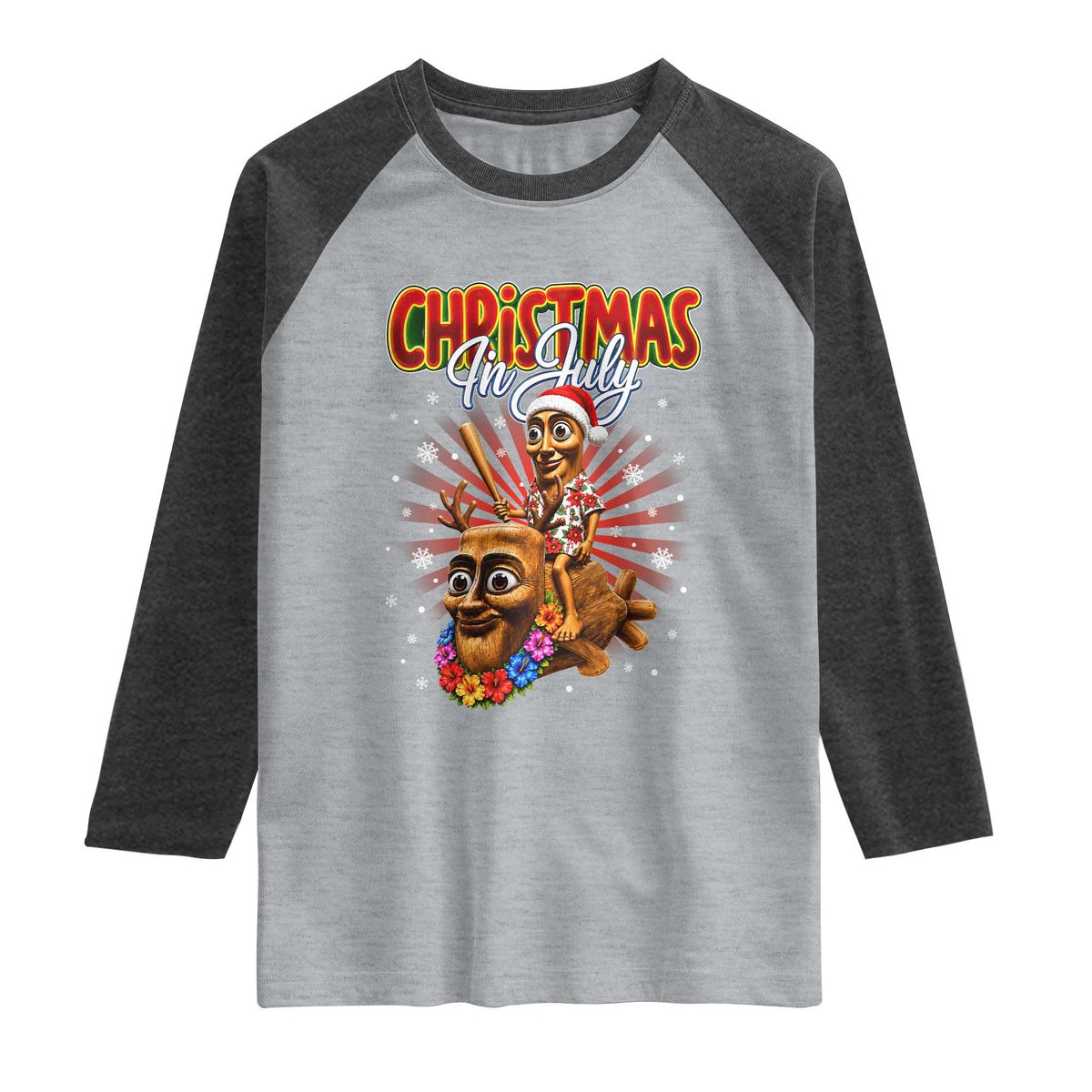 Christmas In July Tung Tung Tung TTT Sahur Cursed Meme Raglan Shirt Funny Ironic Tropical Summer Hawaiian Holiday Surreal