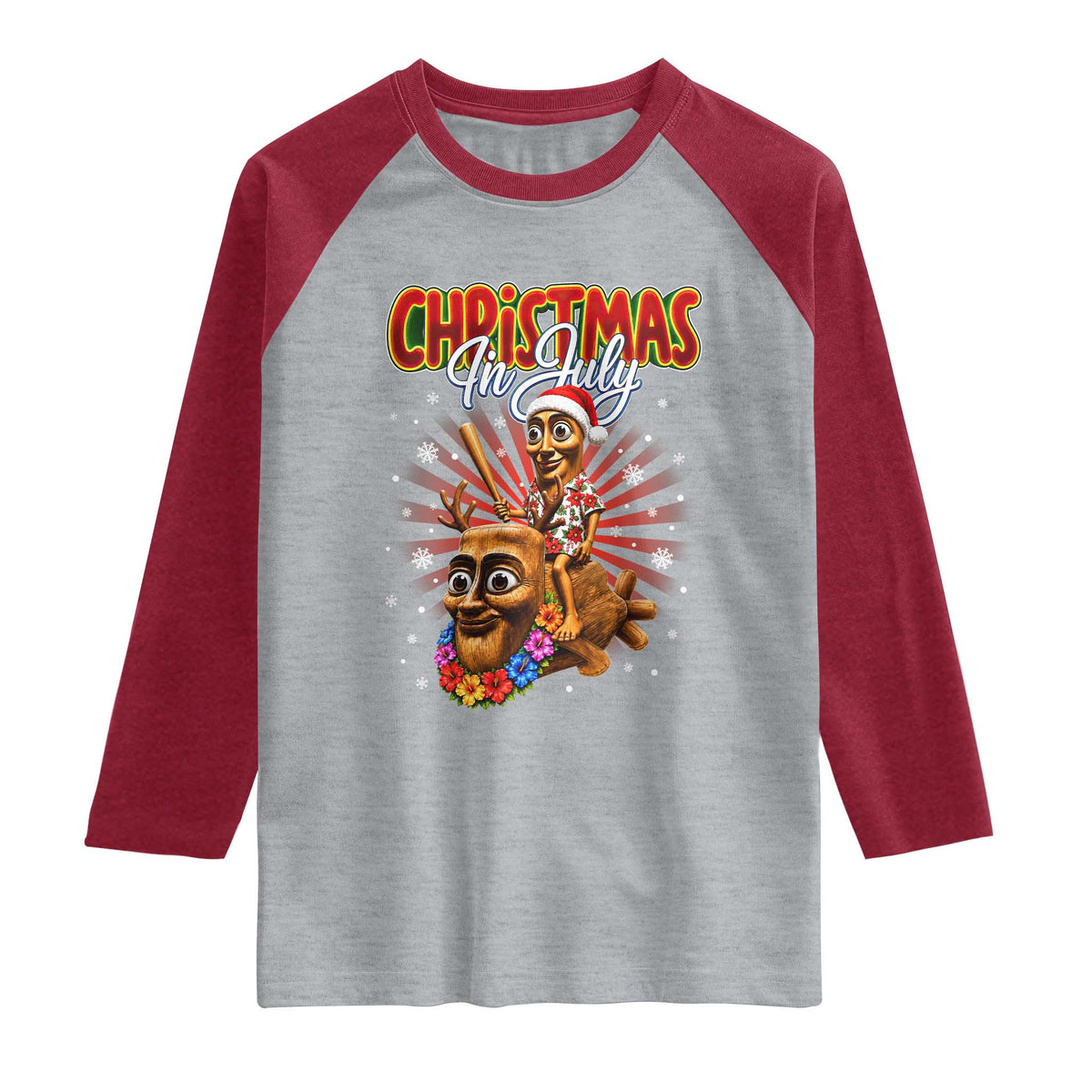 Christmas In July Tung Tung Tung TTT Sahur Cursed Meme Raglan Shirt Funny Ironic Tropical Summer Hawaiian Holiday Surreal